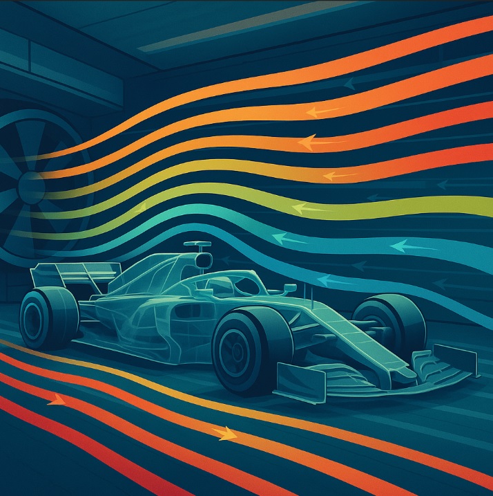 auto de formula 1 en tunel de viento mostrando el flujo de aire