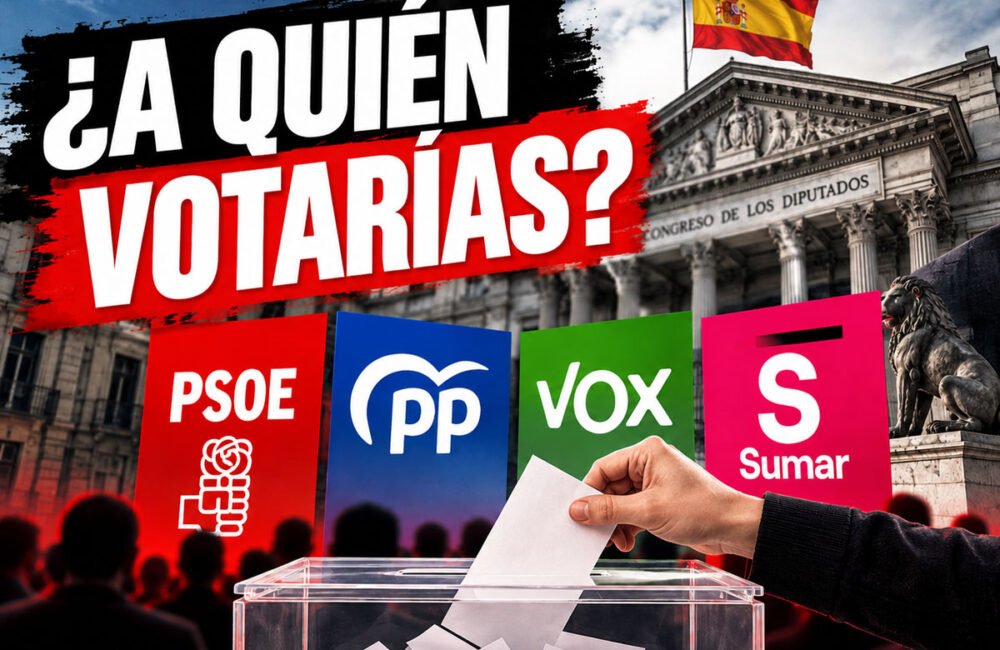 Ilustración de una urna electoral frente al Congreso de los Diputados, con los partidos PSOE, PP, Vox y Sumar, para una encuesta sobre intención de voto en España.