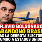 Flávio Bolsonaro ante la bandera de Brasil, con un avión rumbo a Estados Unidos tras su derrota electoral en 2026.