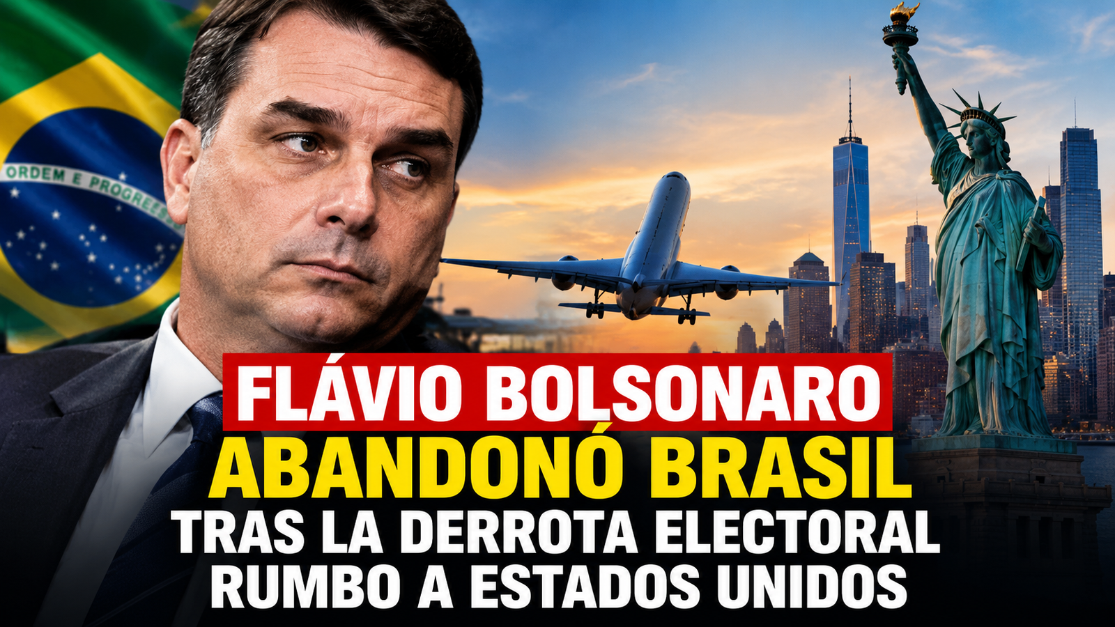 Flávio Bolsonaro ante la bandera de Brasil, con un avión rumbo a Estados Unidos tras su derrota electoral en 2026.