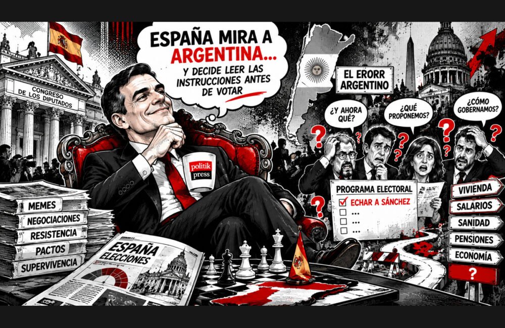 Ilustración satírica de Pedro Sánchez y la oposición en España, con referencias a Argentina y los desafíos de gobernar.
