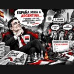 Ilustración satírica de Pedro Sánchez y la oposición en España, con referencias a Argentina y los desafíos de gobernar.