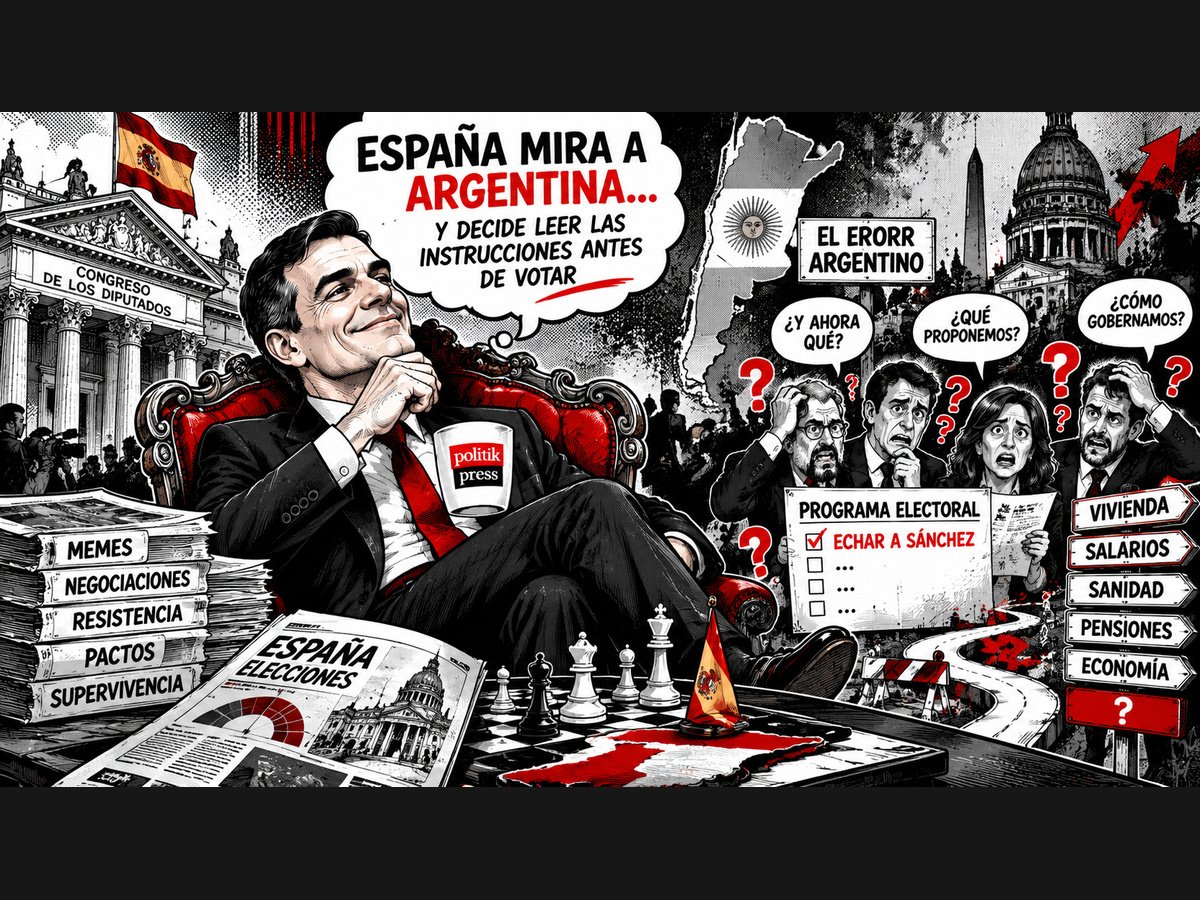 Ilustración satírica de Pedro Sánchez y la oposición en España, con referencias a Argentina y los desafíos de gobernar.